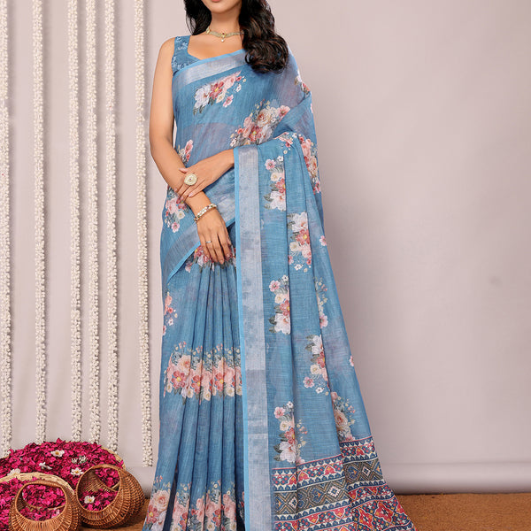 Janasya Blue Cotton Linen Floral Printed Saree