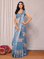 Thumbnail for Janasya Blue Cotton Linen Floral Printed Saree