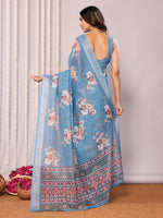 Thumbnail for Janasya Blue Cotton Linen Floral Printed Saree