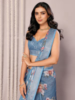 Thumbnail for Janasya Blue Cotton Linen Floral Printed Saree