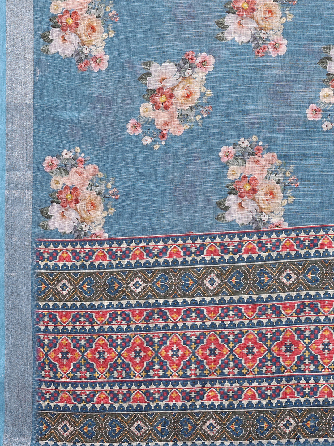 Janasya Blue Cotton Linen Floral Printed Saree