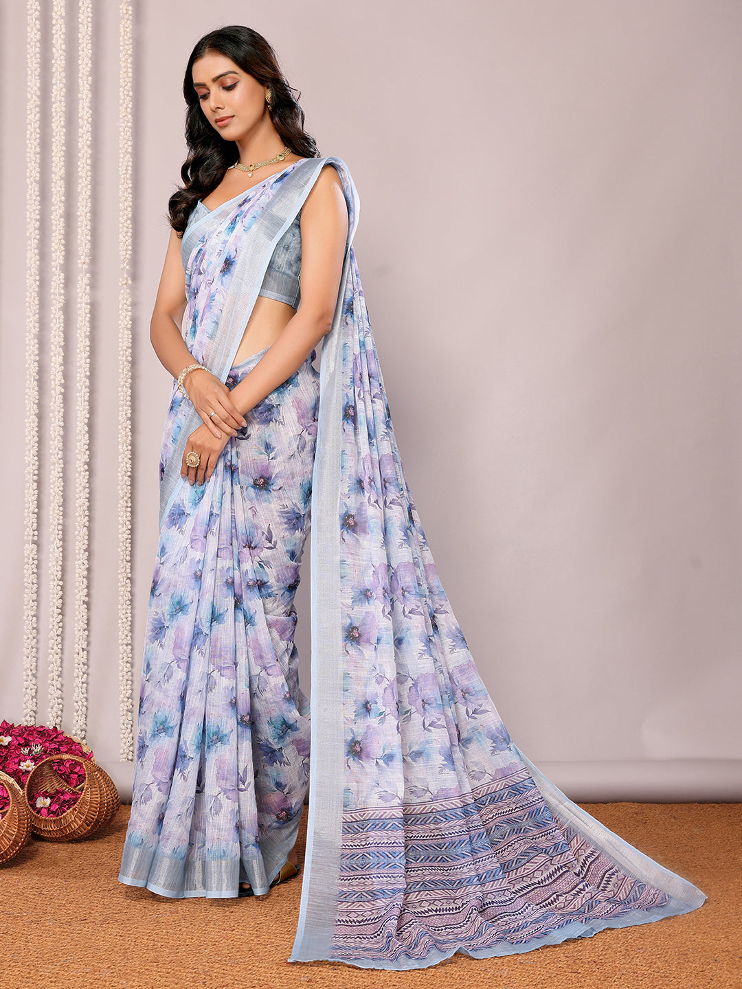 Janasya Light Blue Cotton Linen Floral Printed Saree