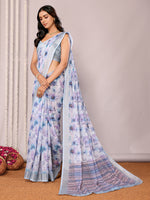 Thumbnail for Janasya Light Blue Cotton Linen Floral Printed Saree