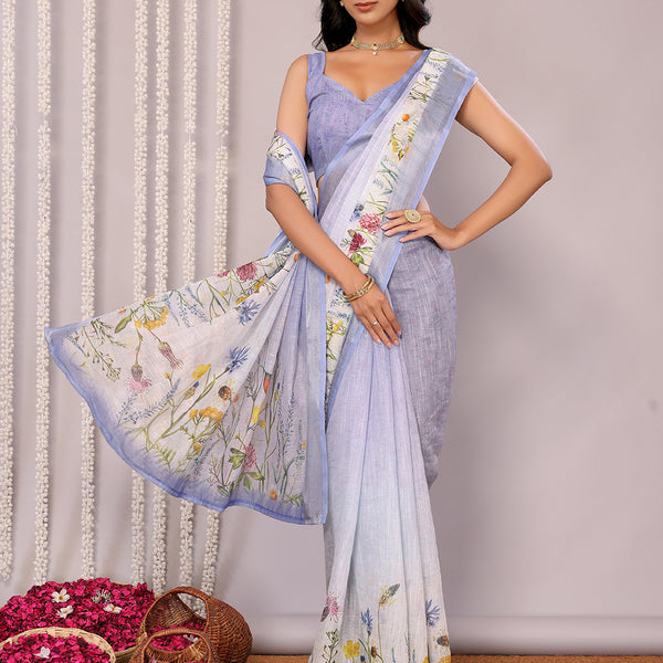 Janasya Lavender Cotton Linen Floral Printed Saree - Distacart