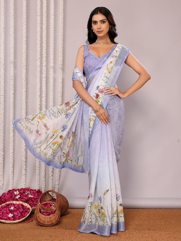 Janasya Lavender Cotton Linen Floral Printed Saree