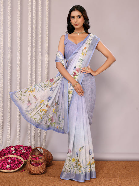 Janasya Lavender Cotton Linen Floral Printed Saree