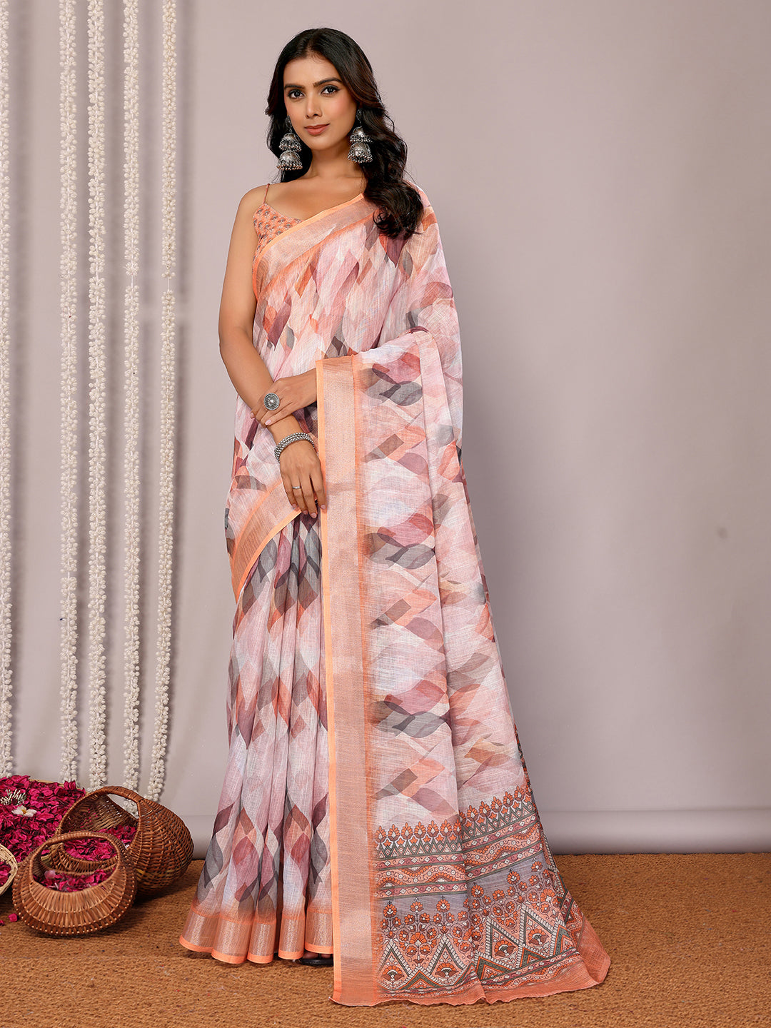 Janasya Peach Cotton Linen Abstract Printed Saree