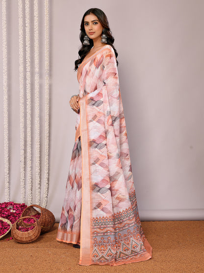 Janasya Peach Cotton Linen Abstract Printed Saree - Distacart