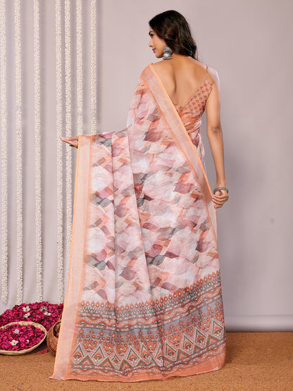 Janasya Peach Cotton Linen Abstract Printed Saree - Distacart