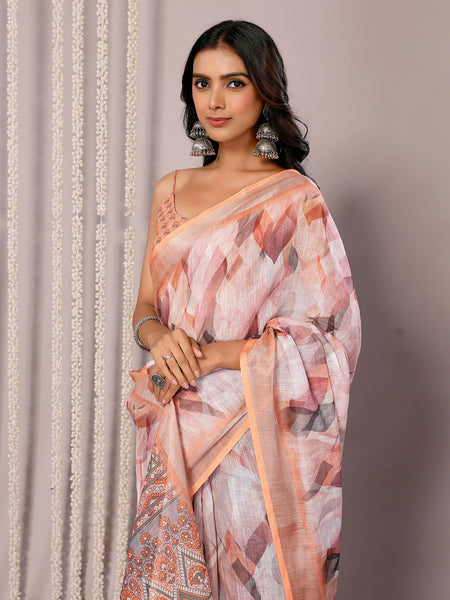 Janasya Peach Cotton Linen Abstract Printed Saree