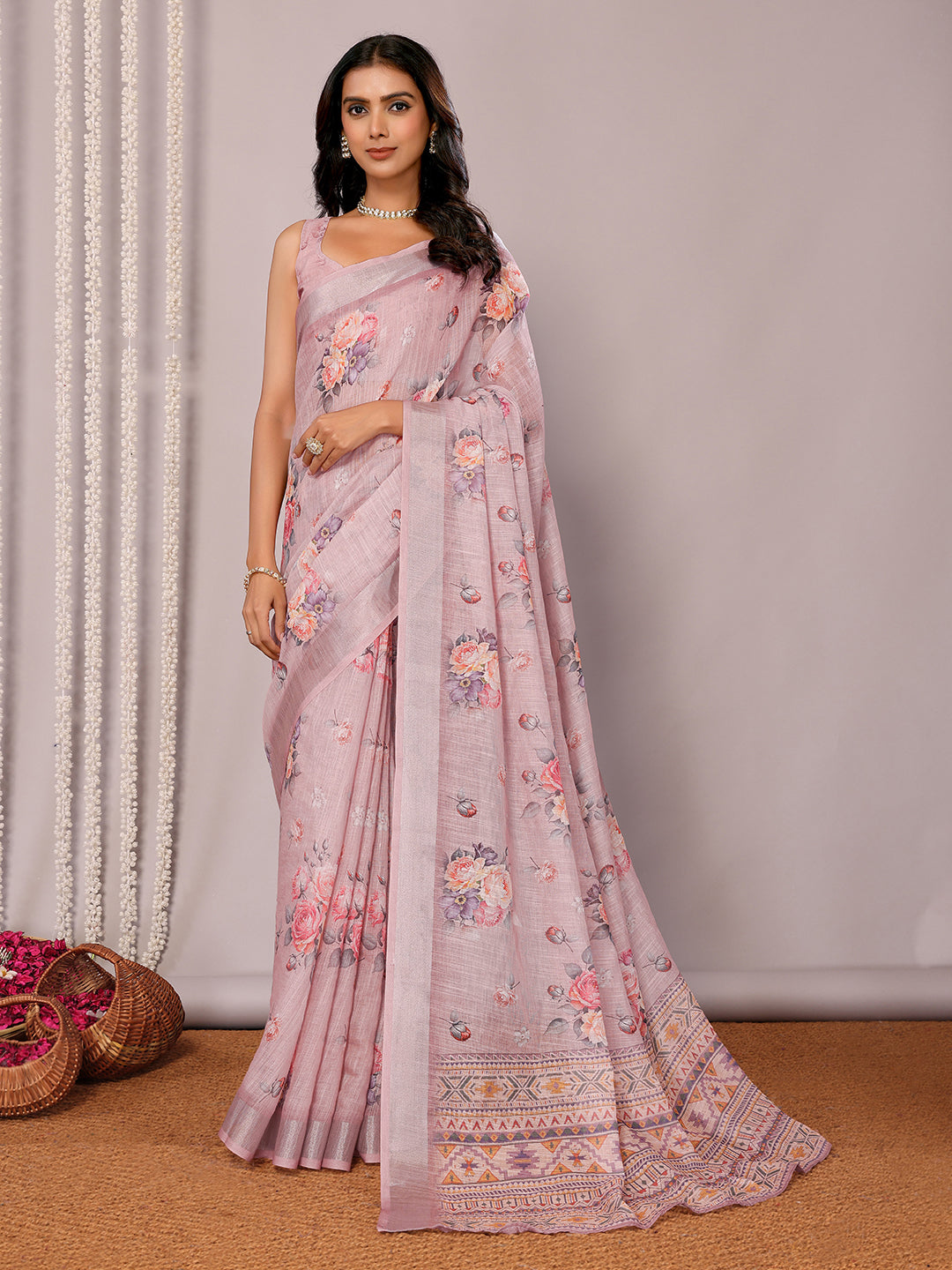 Janasya Mauve Cotton Linen Floral Printed Saree