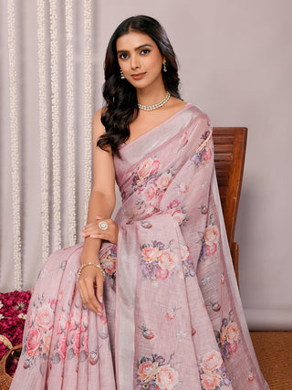 Janasya Mauve Cotton Linen Floral Printed Saree