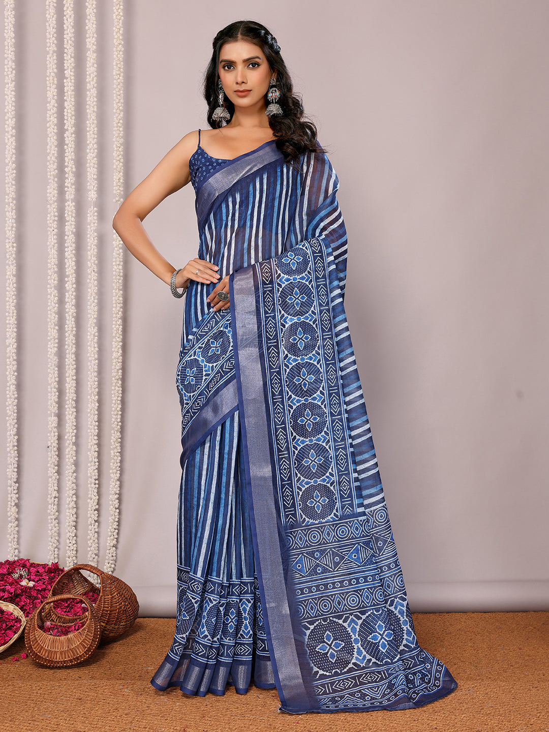 Janasya Blue Cotton Linen Geometric Printed Saree