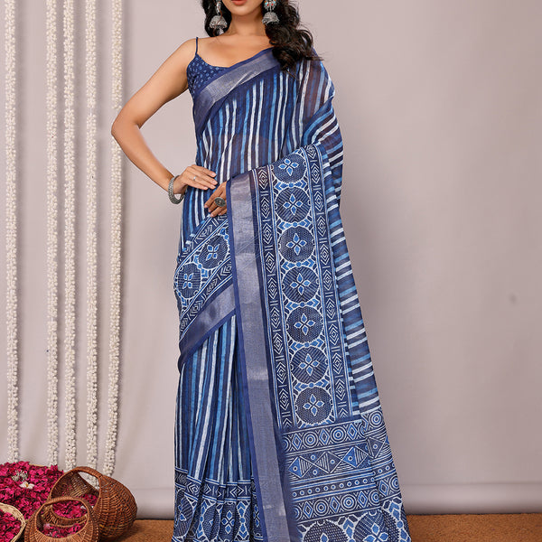 Janasya Blue Cotton Linen Geometric Printed Saree