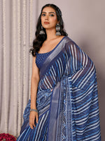 Thumbnail for Janasya Blue Cotton Linen Geometric Printed Saree