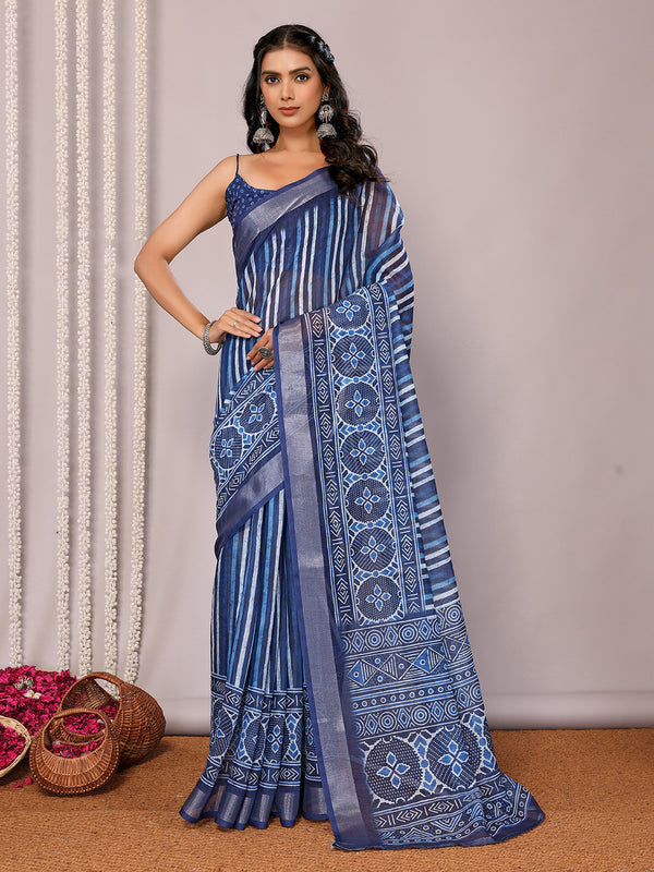 Janasya Blue Cotton Linen Geometric Printed Saree