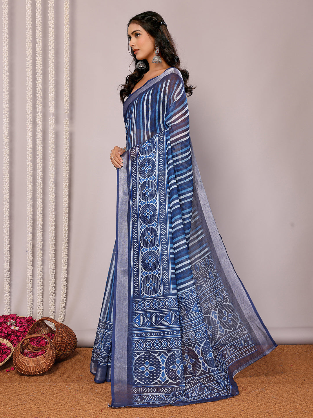 Janasya Blue Cotton Linen Geometric Printed Saree