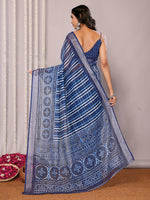 Thumbnail for Janasya Blue Cotton Linen Geometric Printed Saree