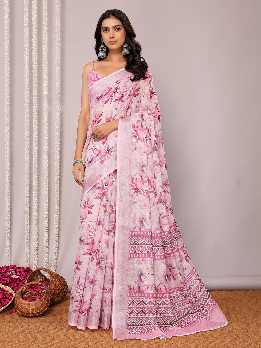 Janasya Pink Cotton Linen Floral Printed Saree