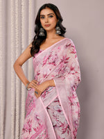 Thumbnail for Janasya Pink Cotton Linen Floral Printed Saree