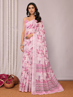 Thumbnail for Janasya Pink Cotton Linen Floral Printed Saree