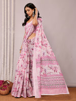 Thumbnail for Janasya Pink Cotton Linen Floral Printed Saree