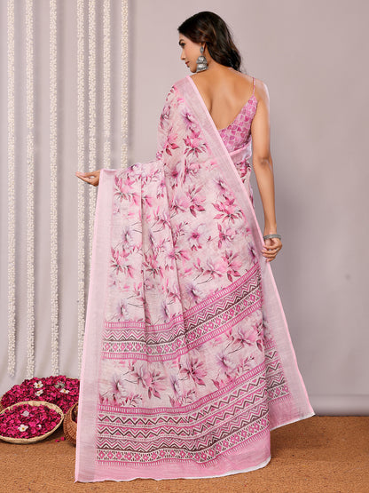 Janasya Pink Cotton Linen Floral Printed Saree - Distacart