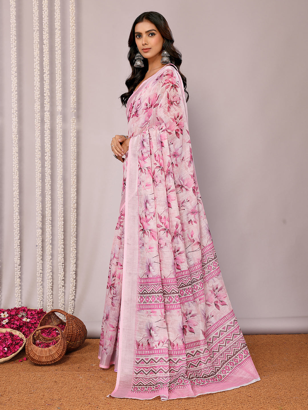 Janasya Pink Cotton Linen Floral Printed Saree