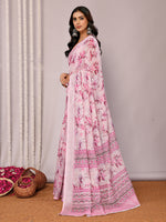 Thumbnail for Janasya Pink Cotton Linen Floral Printed Saree
