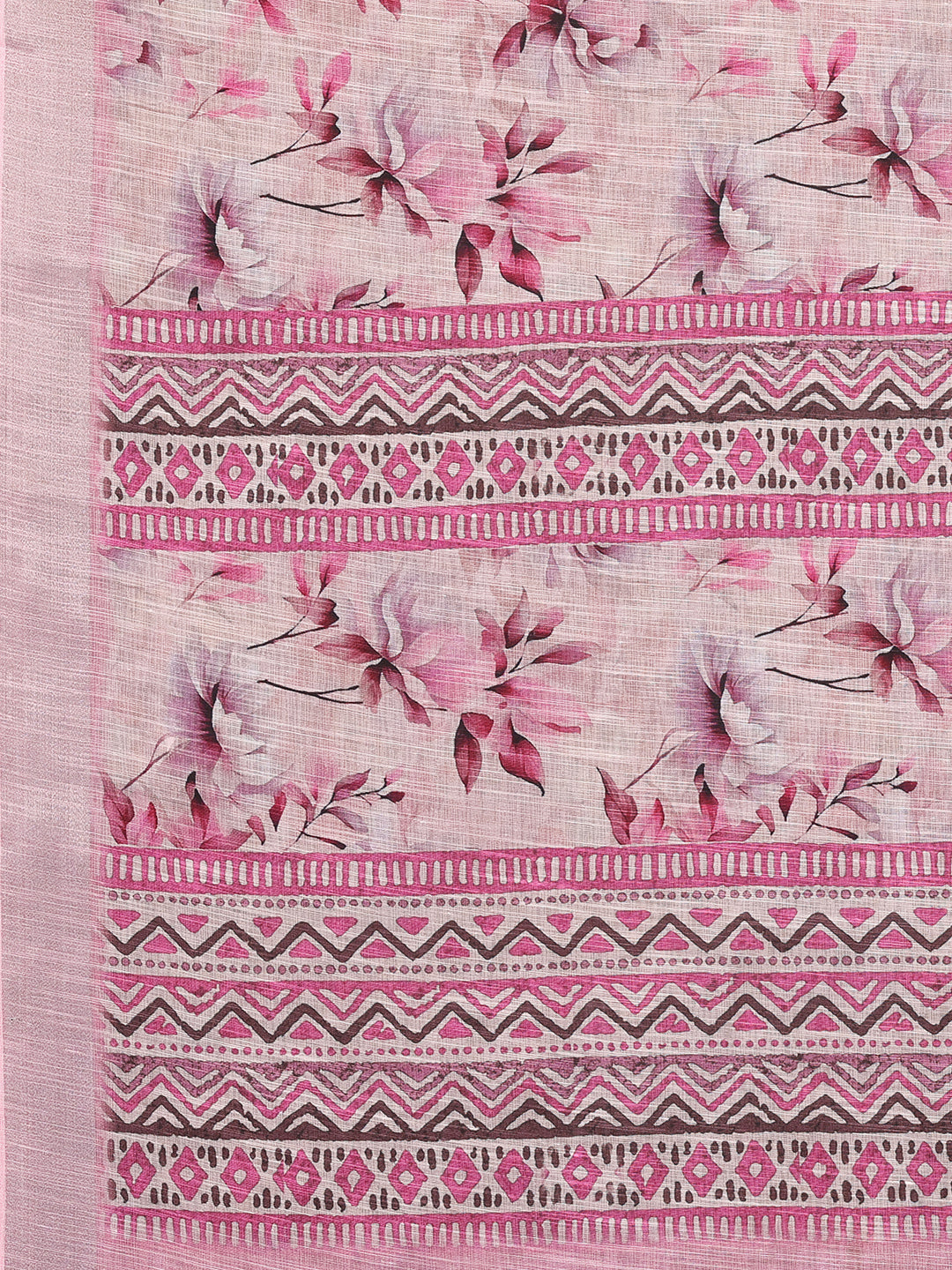 Janasya Pink Cotton Linen Floral Printed Saree