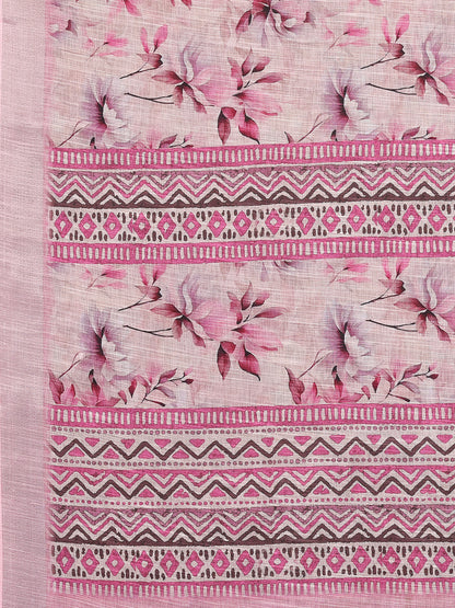 Janasya Pink Cotton Linen Floral Printed Saree - Distacart