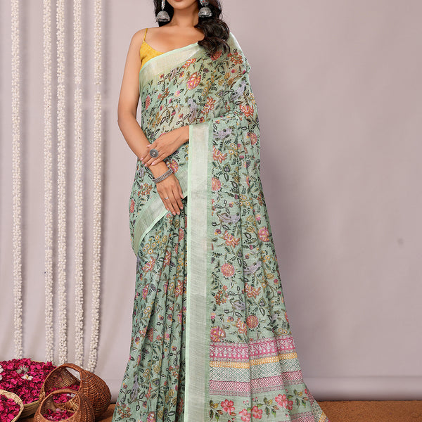 Janasya Sage Green Cotton Linen Floral Printed Saree