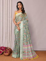 Thumbnail for Janasya Sage Green Cotton Linen Floral Printed Saree