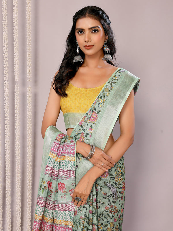 Janasya Sage Green Cotton Linen Floral Printed Saree