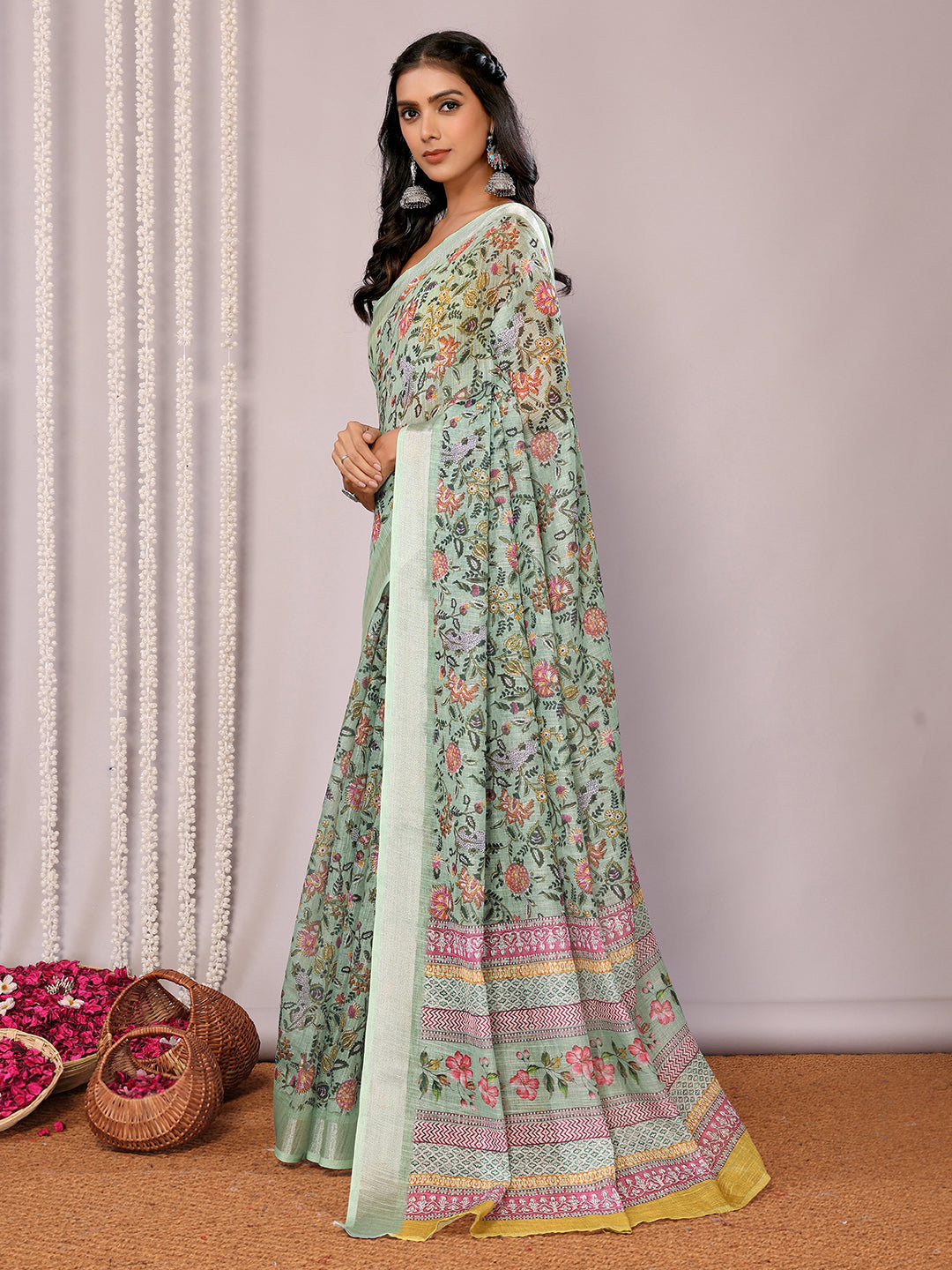 Janasya Sage Green Cotton Linen Floral Printed Saree