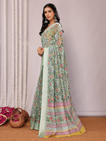 Thumbnail for Janasya Sage Green Cotton Linen Floral Printed Saree
