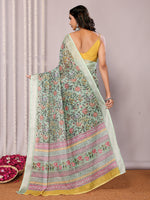 Thumbnail for Janasya Sage Green Cotton Linen Floral Printed Saree