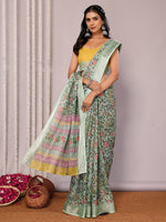 Thumbnail for Janasya Sage Green Cotton Linen Floral Printed Saree