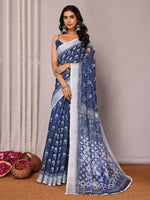 Thumbnail for Janasya Navy Blue Cotton Linen Block Print Printed Saree