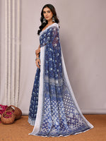 Thumbnail for Janasya Navy Blue Cotton Linen Block Print Printed Saree