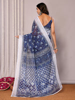Thumbnail for Janasya Navy Blue Cotton Linen Block Print Printed Saree