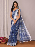 Thumbnail for Janasya Navy Blue Cotton Linen Block Print Printed Saree