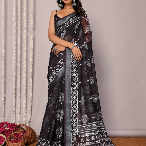 Janasya Black Cotton Linen Floral Printed Saree