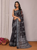 Thumbnail for Janasya Black Cotton Linen Floral Printed Saree
