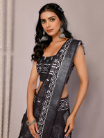 Thumbnail for Janasya Black Cotton Linen Floral Printed Saree