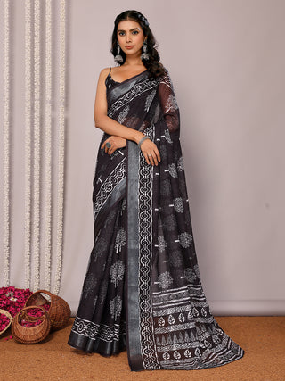 Janasya Black Cotton Linen Floral Printed Saree