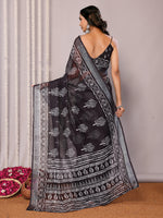 Thumbnail for Janasya Black Cotton Linen Floral Printed Saree