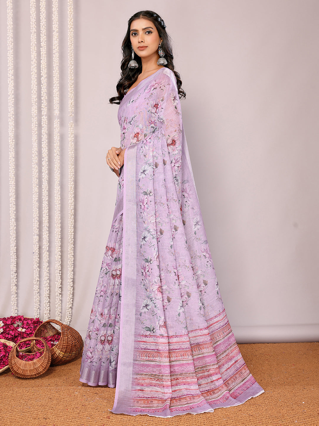 Janasya Lavender Cotton Linen Floral Printed Saree