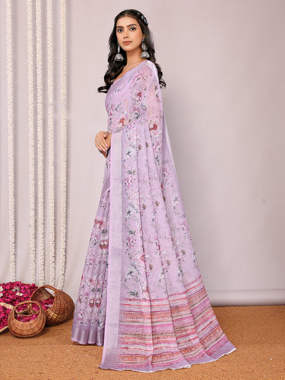 Janasya Lavender Cotton Linen Floral Printed Saree - Distacart