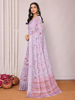 Thumbnail for Janasya Lavender Cotton Linen Floral Printed Saree